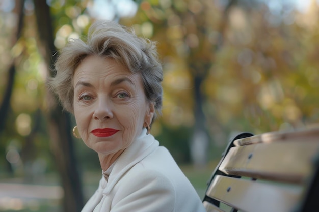 Elegante donna anziana nel parco ritratto da vicino