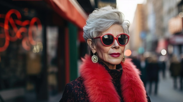 Elegante donna anziana posa contro il paesaggio cittadino che trasuda stile senza tempo