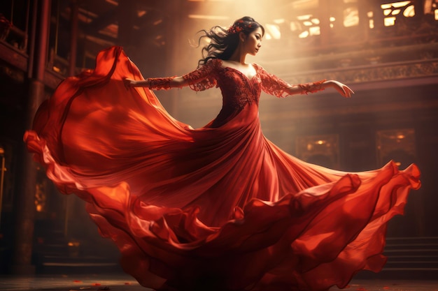 Elegante donna asiatica che balla con un lungo vestito rosso e un movimento grazioso