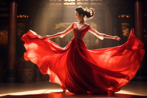 Elegante donna asiatica che balla con un lungo vestito rosso e un movimento grazioso