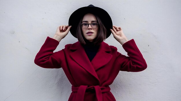 Elegante donna bruna europea in cappotto rosso e cappello nero che posa sulla parete bianca