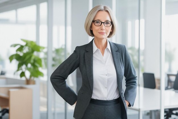 Elegante donna d'affari di mezza età in piedi con le mani incrociate sullo sfondo dello spazio di coworking