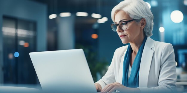 Elegante donna senior executive che lavora su un laptop in un elegante ufficio concetto di leadership AI generativa