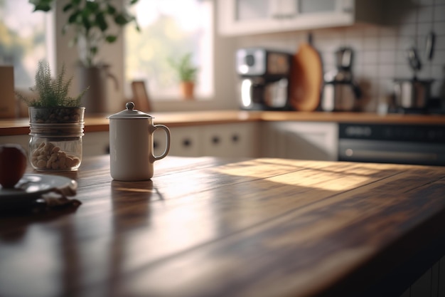 Elegante e calda superficie del tavolo in legno in contrasto con un interno della cucina moderno e luminoso