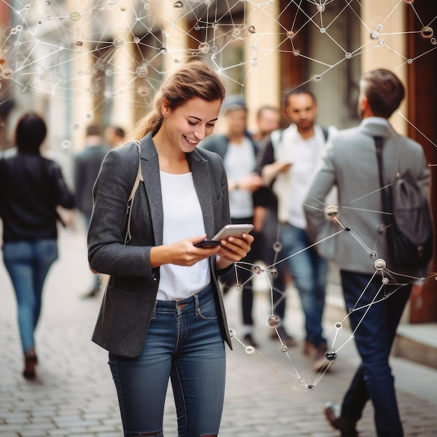 Elegante e disinvolto che abbraccia la moda casual durante la messaggistica in un ambiente urbano all'aperto