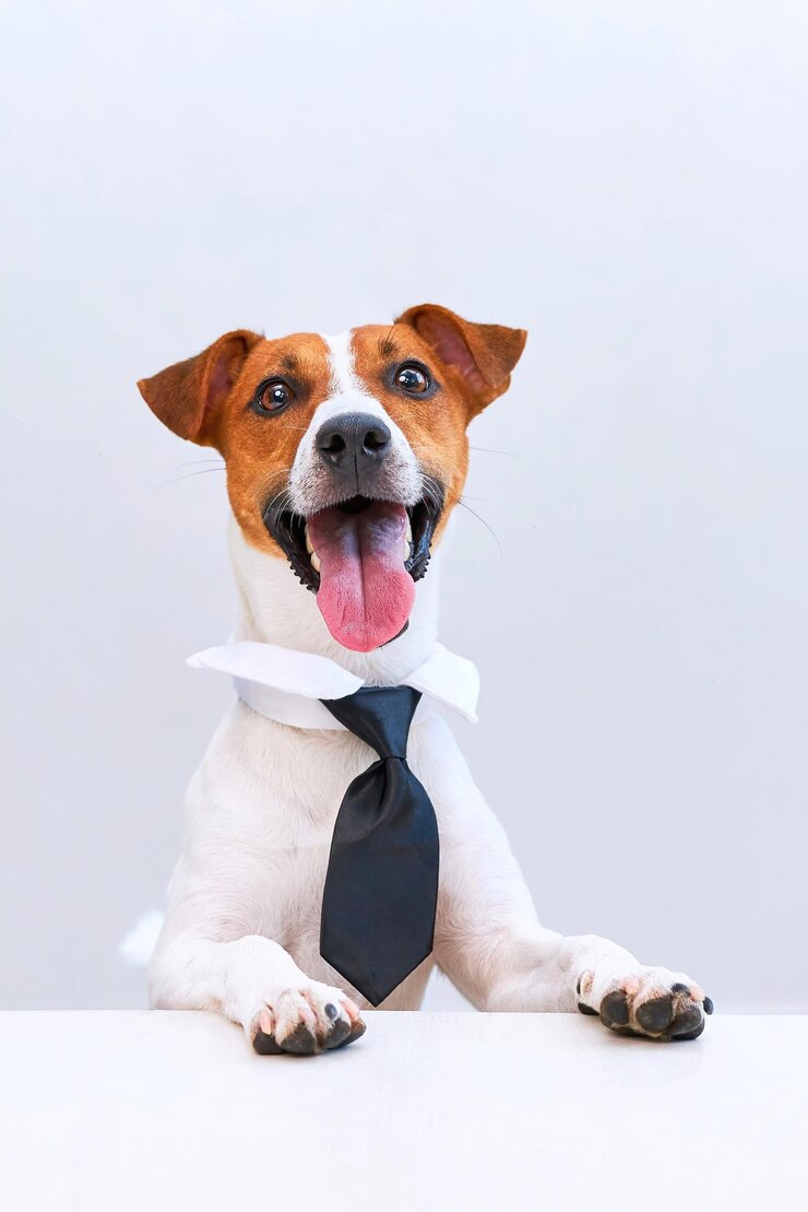 Elegante e intelligente cane Jack Russell Terrier con cravatta nera seduto alla scrivania a guardare la telecamera