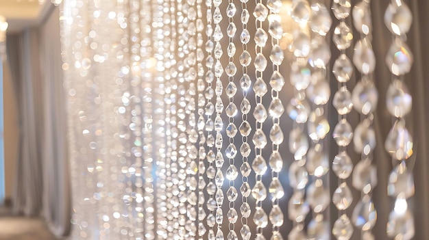Elegante e lucida cortina di perle di cristallo trasparente con sfondo sfocato