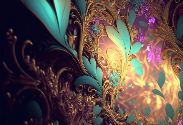 Elegante e lussuoso ornamento di fiori e foglie viola e verde oro Motivo floreale astratto gioielli sfondo Rendering 3D AI generato