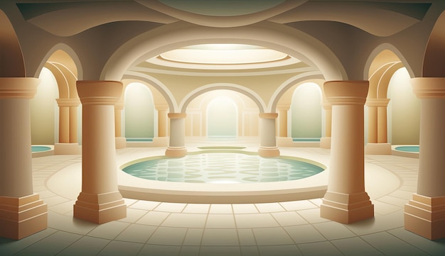 Elegante e lussuoso poster interno per vasca da bagno benessere reale per centro benessere o bagno romano in stile cartone animato Ai generato