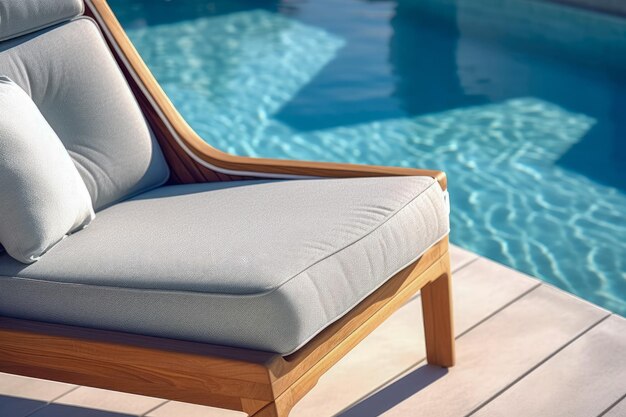 Elegante e moderna poltrona lounge a bordo piscina con morbidi cuscini ed eleganti elementi di design