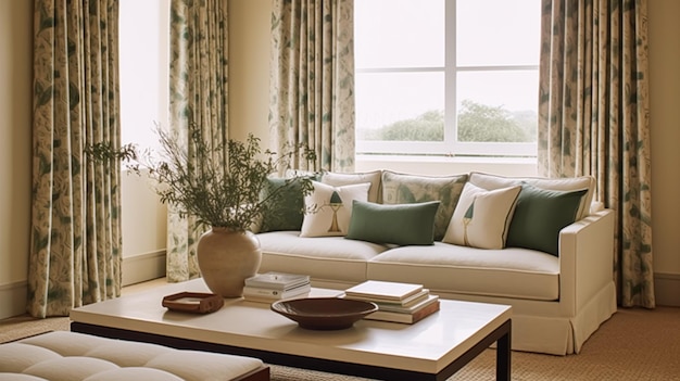 Elegante e moderno salotto bianco arredamento interior design e miglioramento della casa mobili soggiorno divano e decorazioni per la casa in stile cottage generativo ai
