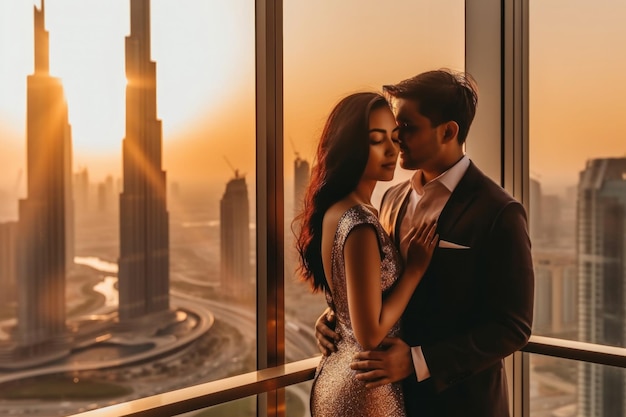 Elegante e ricca coppia caucasica che si gode lo skyline di Dubai Amore negli Emirati Arabi Uniti IA generativa