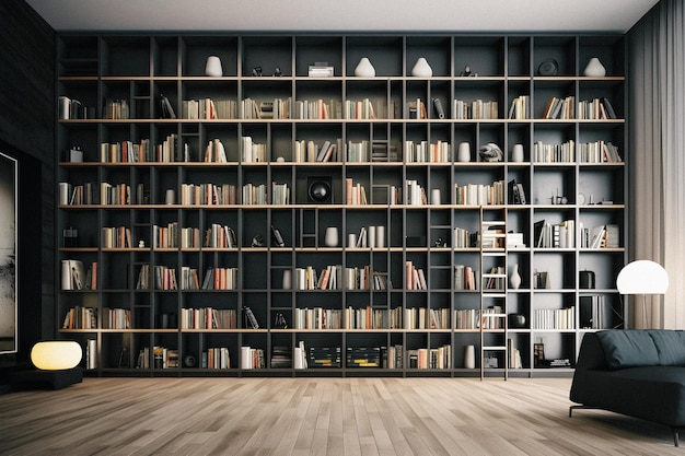 Elegante e sofisticato Una libreria contemporanea con un design elegante che mostra un fotorealismo