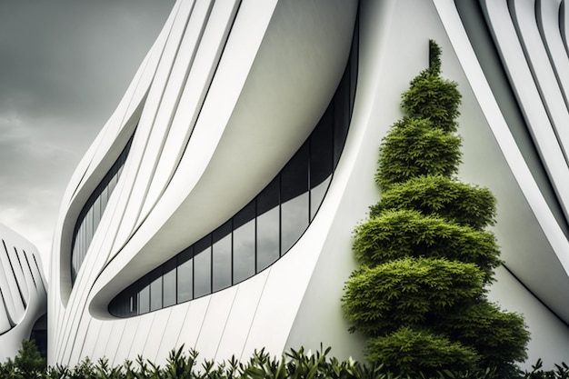 Elegante edificio moderno bianco con linee di facciata lisce con piante verdi progetto di costruzione della città del futuro sviluppo delle infrastrutture e affari ecologici delle strade cittadine AI generativa