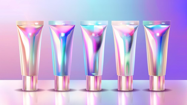 Elegante esposizione di tubi cosmetici olografici su uno sfondo leggermente illuminato