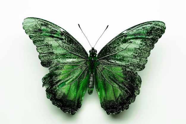 Elegante farfalla verde luccicante isolata su uno sfondo bianco