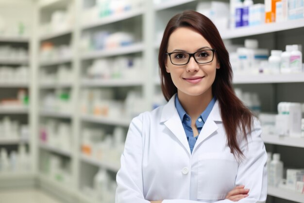 Elegante farmacista donna con un camico bianco e uno stetoscopio in piedi con fiducia di fronte