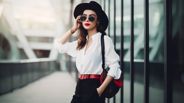 Elegante fashionista che posa con sicurezza in un outfit alla moda stabilendo nuovi obiettivi di stile