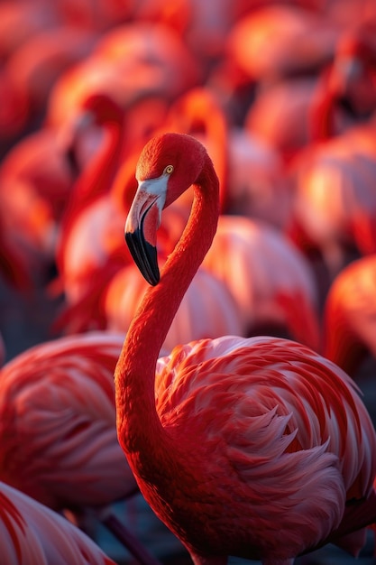 Elegante fenicottero rosso che si adorna in modo acuto sullo sfondo del gregge