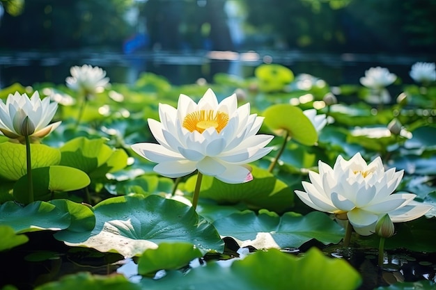 Elegante fiore di loto nel lago e piante di loto pure