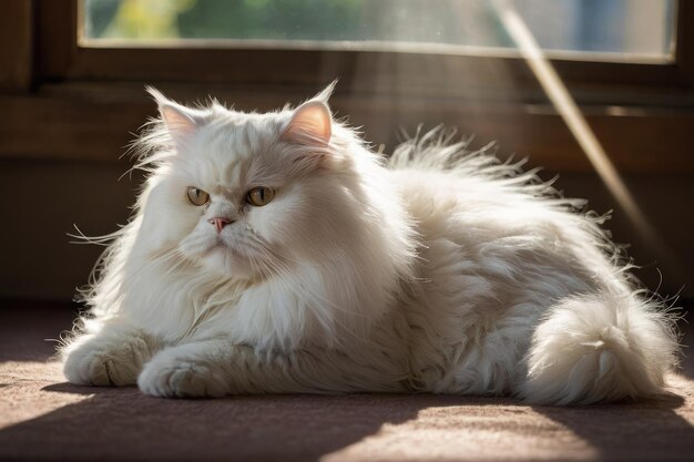 Elegante gatto persiano bianco che si sdraiano all'interno