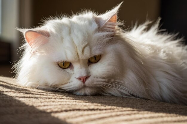 Elegante gatto persiano bianco che si sdraiò in casa