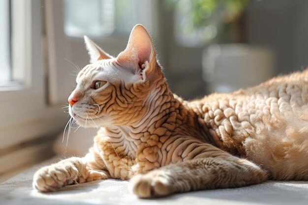 Elegante gatto tabby domestico che si gode della luce solare in un ambiente domestico accogliente