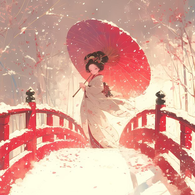 Elegante Geisha Snowy Bridge Bellezza senza tempo in mezzo al fascino dell'inverno