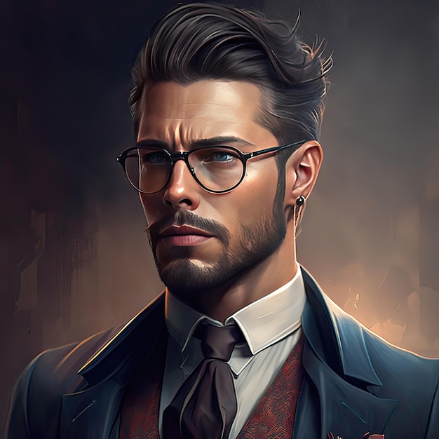 Elegante gentiluomo con bei capelli Lussuosi vestiti costosi occhiali giacca fashionista tizio persona inesistente arte ad alta risoluzione intelligenza artificiale generativa