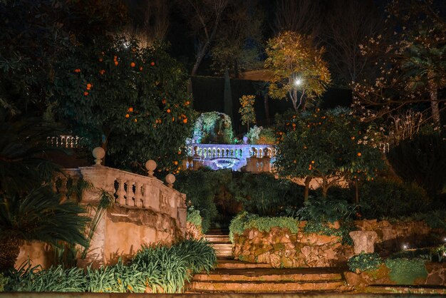 Elegante giardino con alberi illuminati e fontana