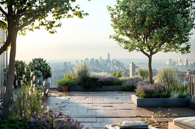 Elegante giardino sul tetto con vista sulla città