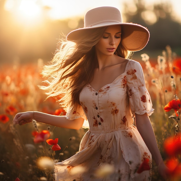 Elegante giovane donna con cappello di paglia che cammina in un campo floreale alla luce del tramonto Estate rurale Ai digitale