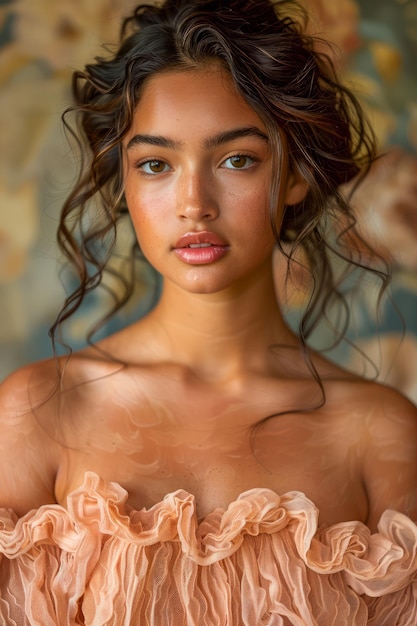 Elegante giovane donna con i capelli ricci con un vestito a righe di pesca che posa per un servizio fotografico