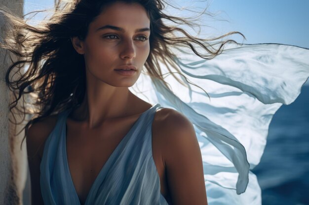 Elegante giovane donna in piedi sul mare con i capelli soffiati dal vento