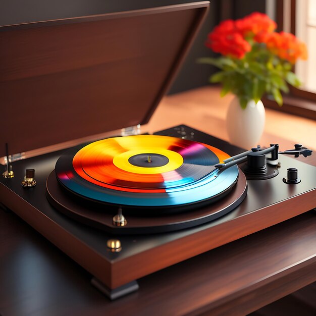 Elegante giradischi con disco in vinile sul tavolo