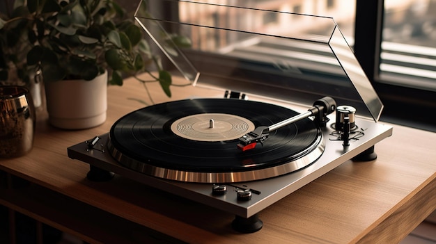 Elegante giradischi con disco in vinile sul tavolo