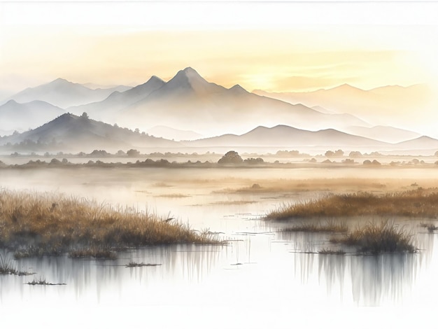 Elegante illustrazione ad acquerello paesaggio di zone umide e montagne creato con la tecnologia generativa AI