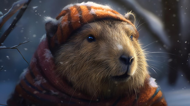 Elegante illustrazione dell'arte digitale del capibara invernale AI generativa