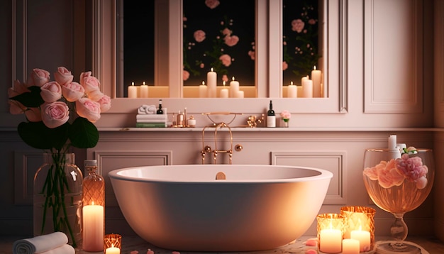 Elegante interno bagno bianco con atmosfera romantica candele accese e petali di rosa IA generativa