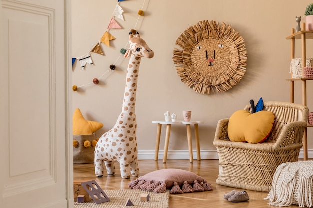 Elegante interno scandinavo della stanza dei bambini con mobili giocattolo e accessori Modello