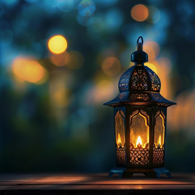 Elegante lanterna del Ramadan appesa in un caldo ambiente serale Decorazione culturale e festiva