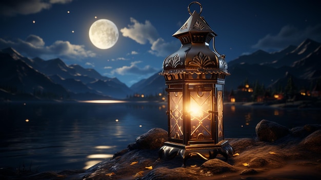 Elegante lanterna islamica 3D con una bellissima scena notturna ai generativa