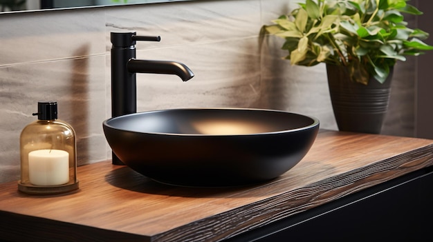 Elegante lavabo a vasca nera e rubinetto su piano in legno