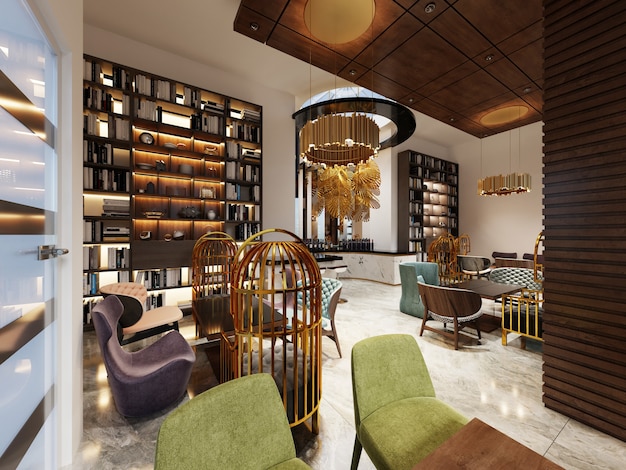 Elegante libreria-bar in stile moderno in stile art déco con mobili e librerie eleganti. rendering 3D.