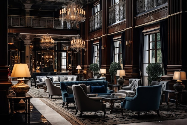 Elegante lobby dell'hotel con arredi esclusivi AI generativa