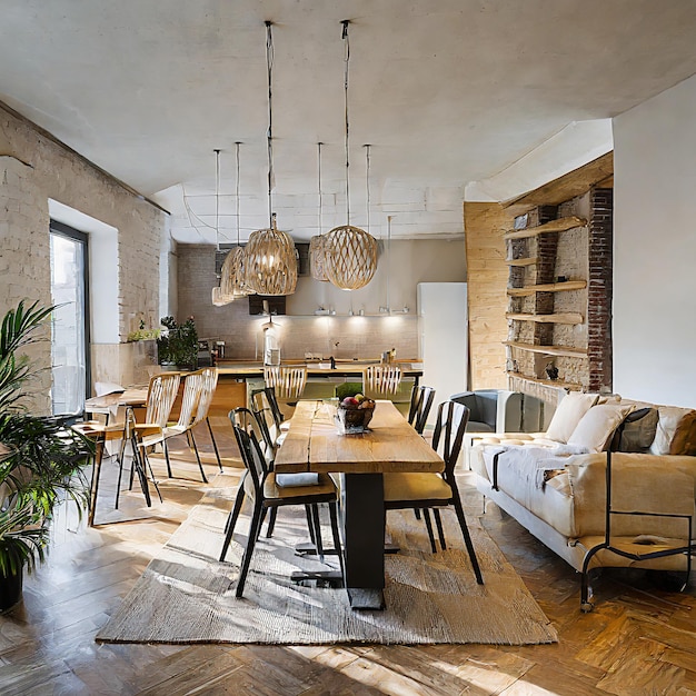 Elegante loft con cucina con tavolo, sedie, divano e molta luce