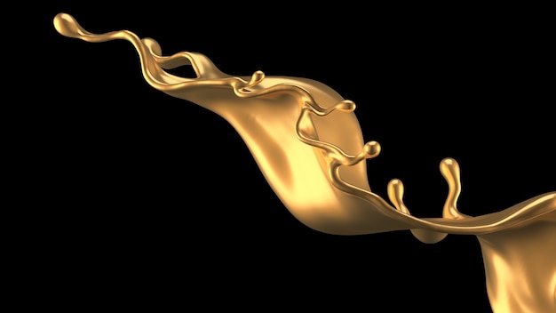 Elegante, lussuosa spruzzata di liquido d'oro. Illustrazione 3D, rendering 3D.