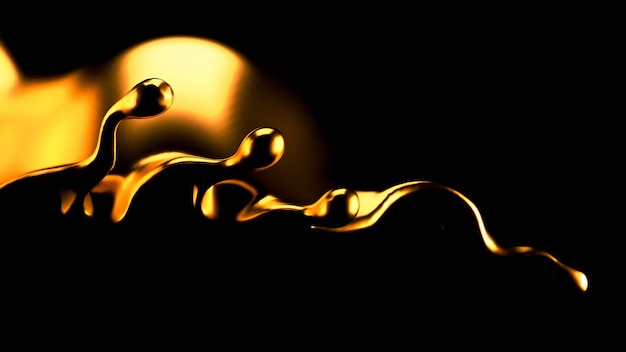 Elegante, lussuosa spruzzata di liquido d'oro. Illustrazione 3D, rendering 3D.