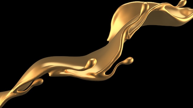 Elegante, lussuosa spruzzata di liquido d'oro. Illustrazione 3D, rendering 3D.