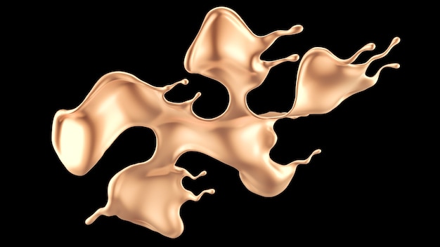 Elegante, lussuosa spruzzata di liquido d'oro. Illustrazione 3D, rendering 3D.